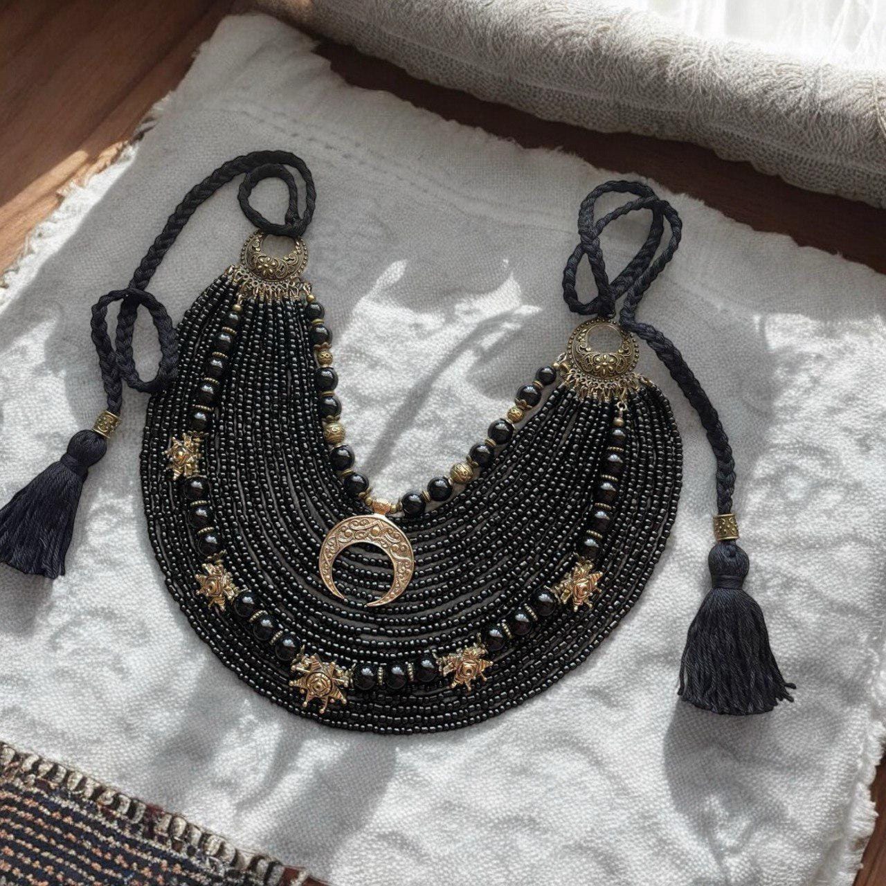 Black Ukrainian Traditional necklace Jewelry Ethnic Multirow Necklace of antique glass beads with contempt Gift for Her MOTHERS DAY