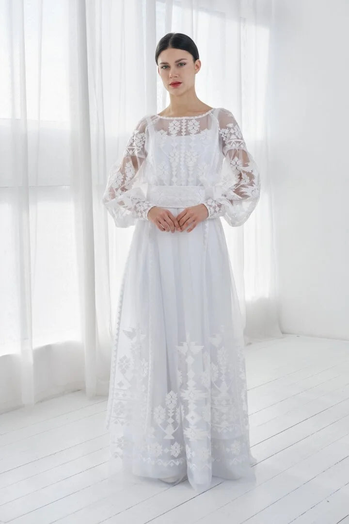 White Maxi Dress Ukrainian with white Embroidery Boho Wedding
A luxurious designer embroidered wedding dress