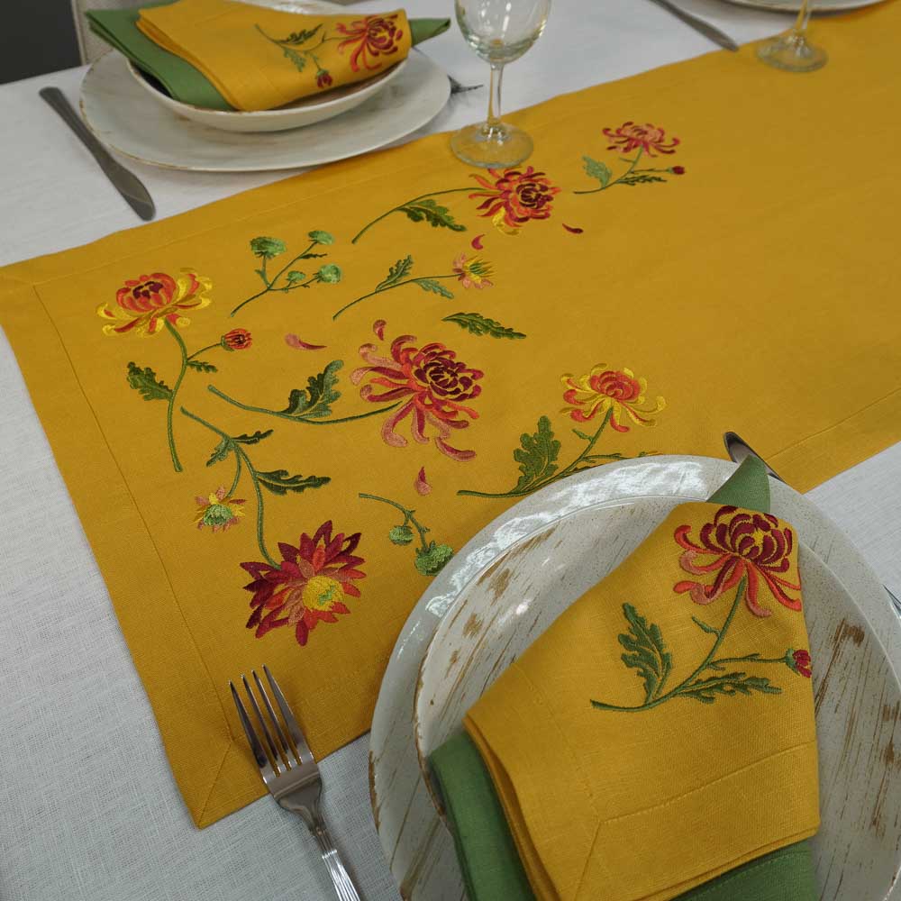 Tablecloth Embroidered 90х40 СМ Chrysanthemums (mustard linen) Christmas Gift Tablecloth. Ukrainian Embroidered Tablecloth.