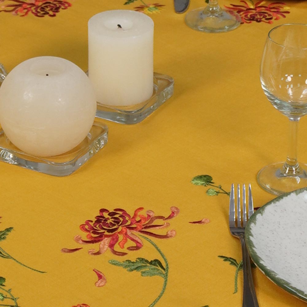 Tablecloth Embroidered 90х40 СМ Chrysanthemums (mustard linen) Christmas Gift Tablecloth. Ukrainian Embroidered Tablecloth.