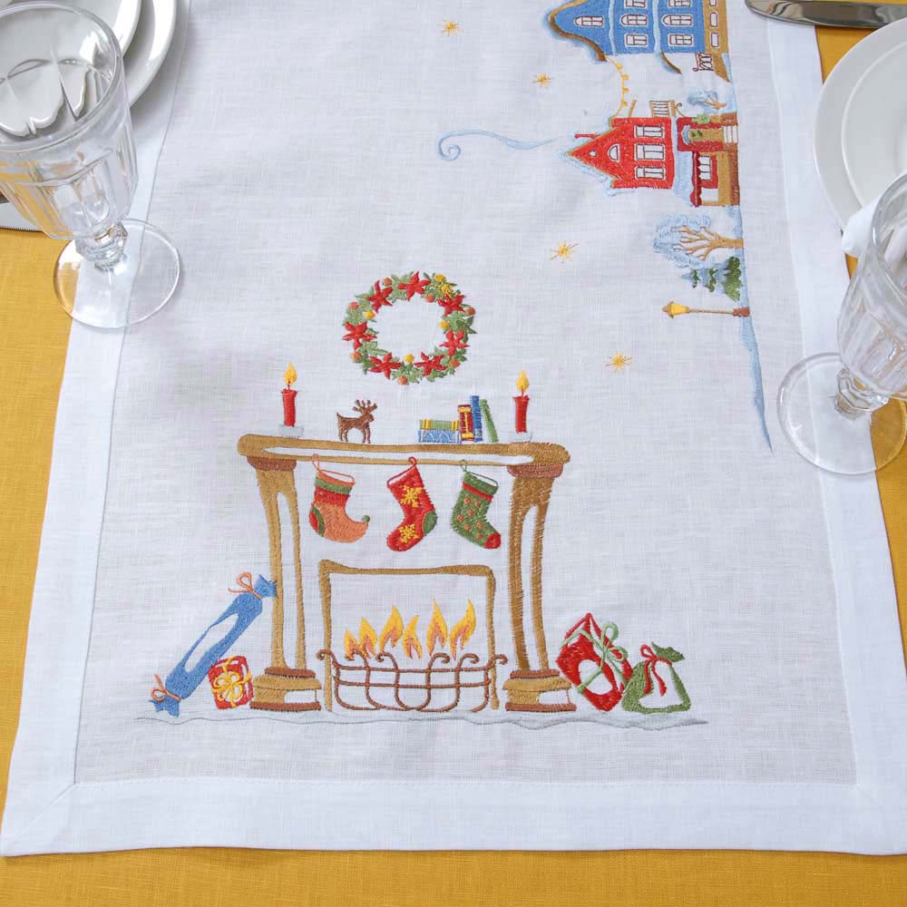 Christmas Town walkway 140*40cm Linen runner Tablecloth Embroidered