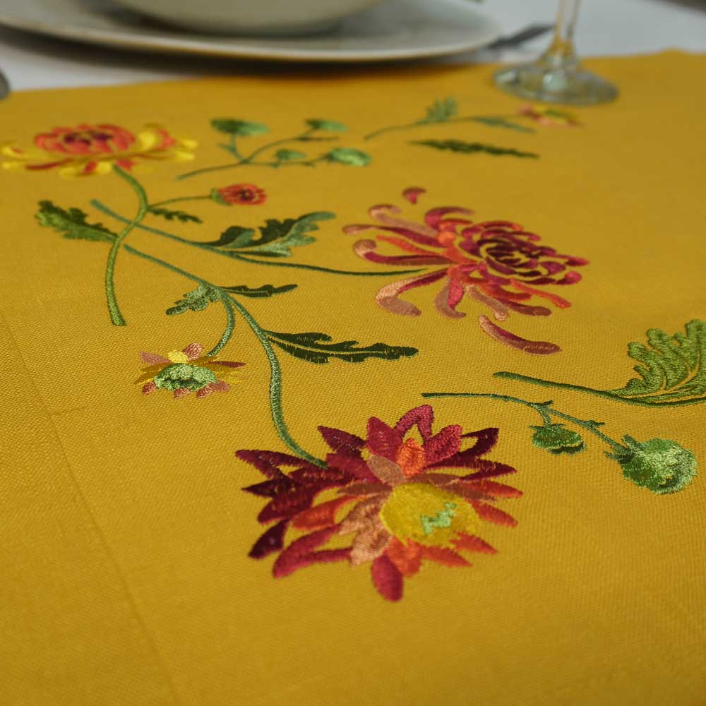 Tablecloth Embroidered 90х40 СМ Chrysanthemums (mustard linen) Christmas Gift Tablecloth. Ukrainian Embroidered Tablecloth.