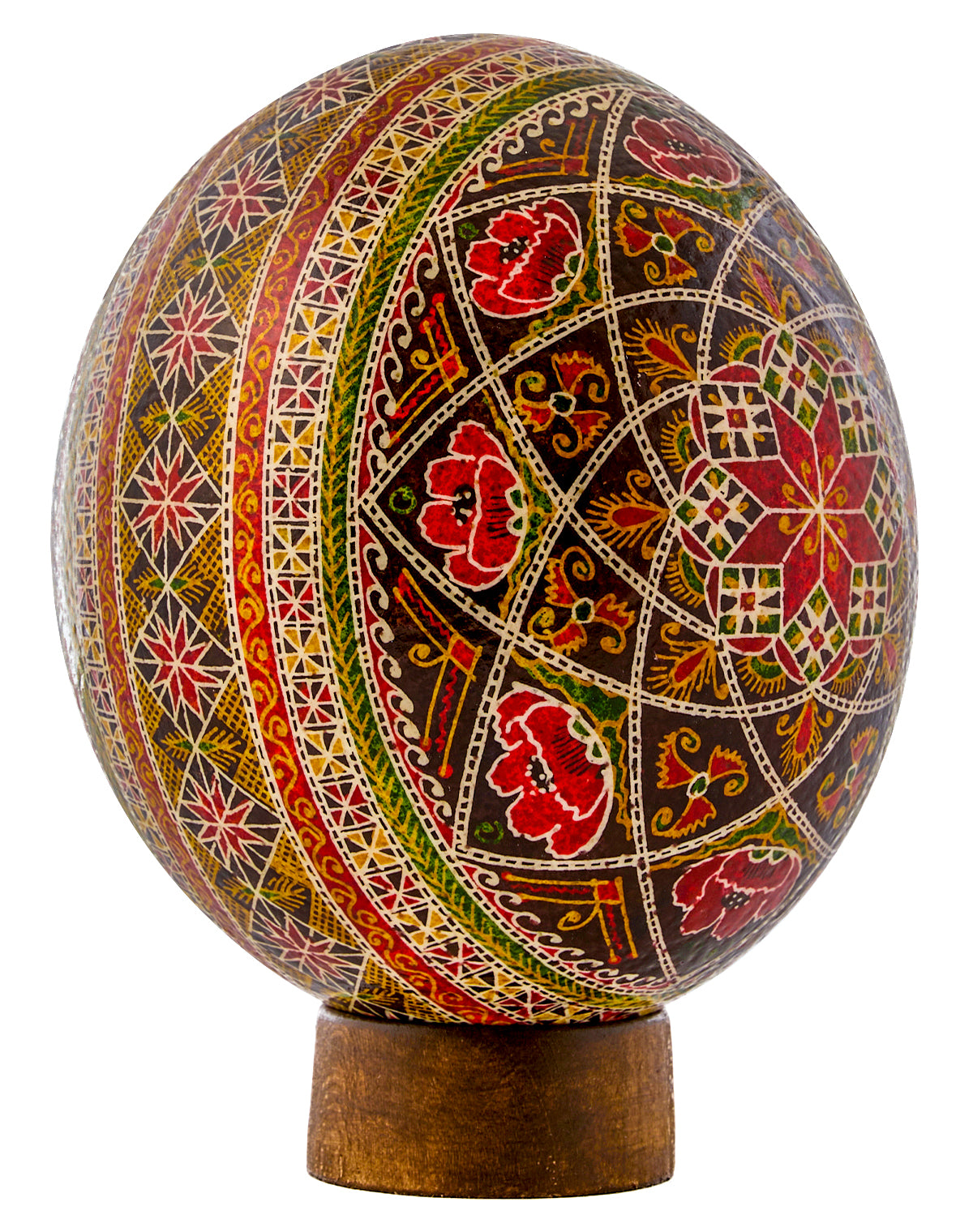 ostrich egg  Decorative sphere with intricate patterns on a wooden stand against a white background