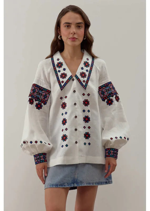 Ukrainische bestickte Bluse Podilska Vyshyvanka, böhmisches Ethno-Shirt, Boho-Chic-Bauernoberteil