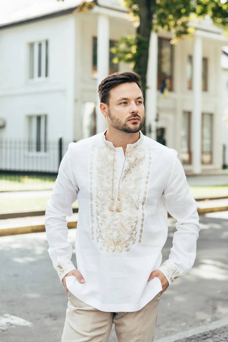 White Linen Shirt Embroidered Ukrainian for men shirt with gold embroidery