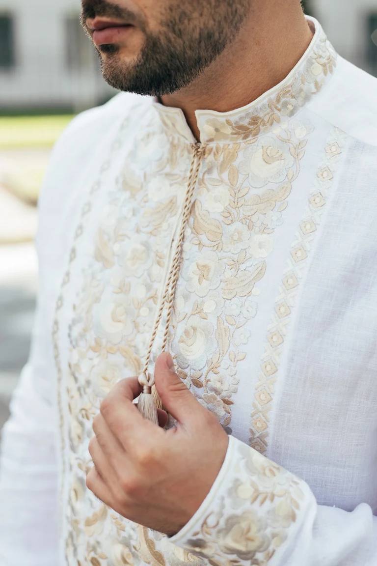 White Linen Shirt Embroidered Ukrainian for men shirt with gold embroidery