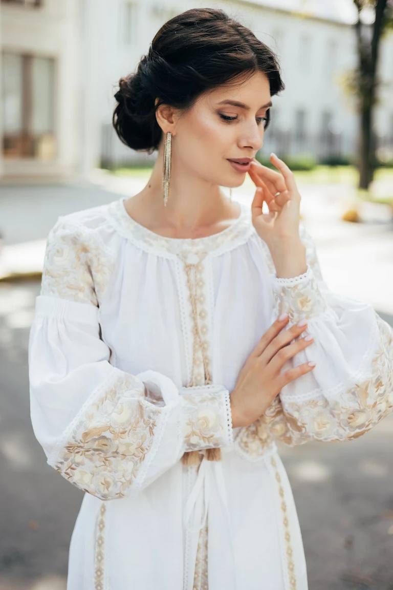 White Wedding Linen Dress with Exquisite with gold embroidery Ukrainian Vyshyvanka Traditional