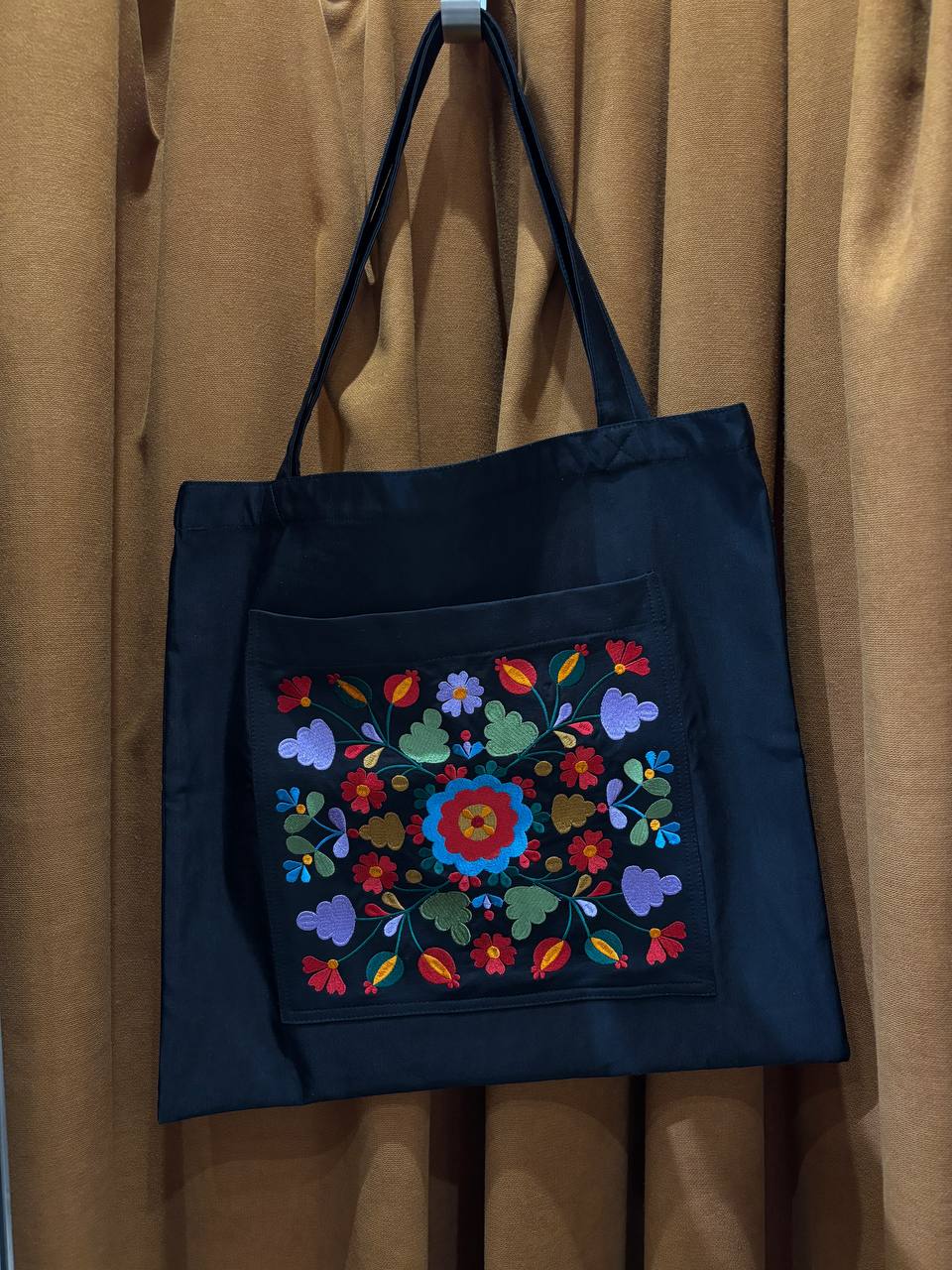 Black Linen Tote Bag Embroidered Floral Beach Bag