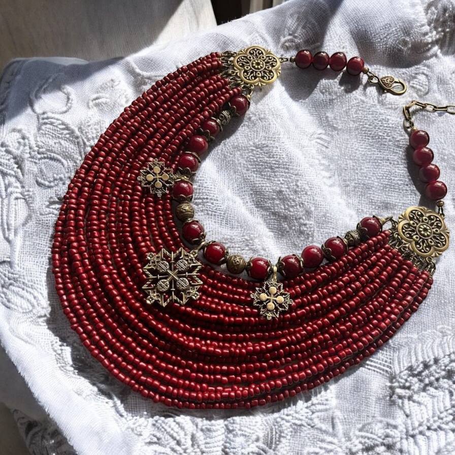 Red necklace Ukrainian Traditional MOTHERS GIFT Jewelry Ethnic Multirow Necklace of antique glass beads with contempt Gift for Her Easter