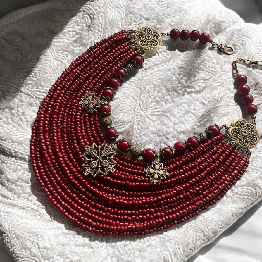 Red necklace Ukrainian Traditional MOTHERS GIFT Jewelry Ethnic Multirow Necklace of antique glass beads with contempt Gift for Her Easter