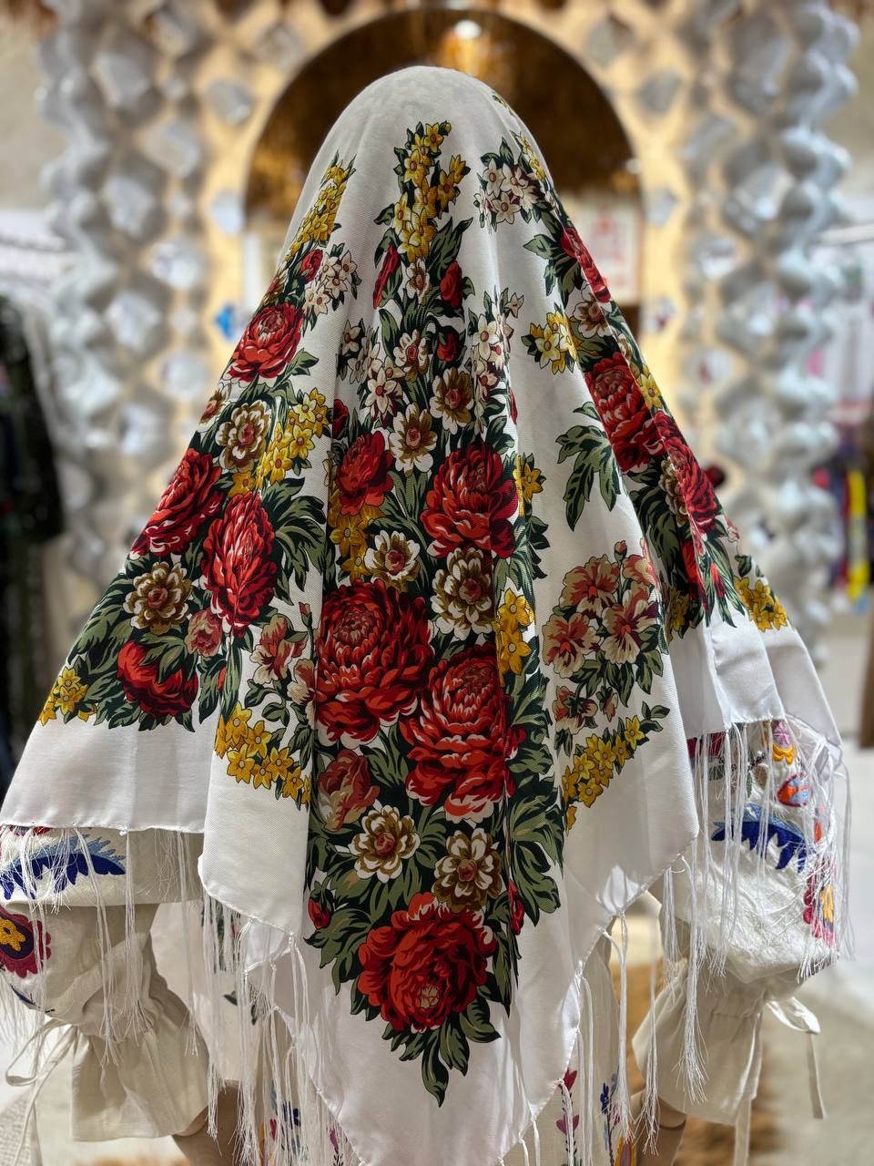 Ukrainian White with Red Wool Shawl - Traditional Bohemian Floral Scarf for Women