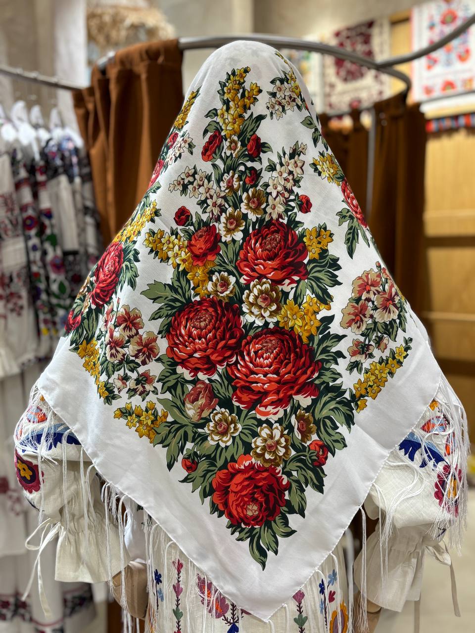Ukrainian White with Red Wool Shawl - Traditional Bohemian Floral Scarf for Women