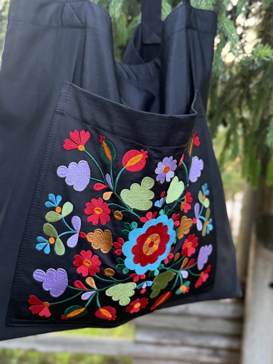 Black Linen Tote Bag Embroidered Floral Beach Bag