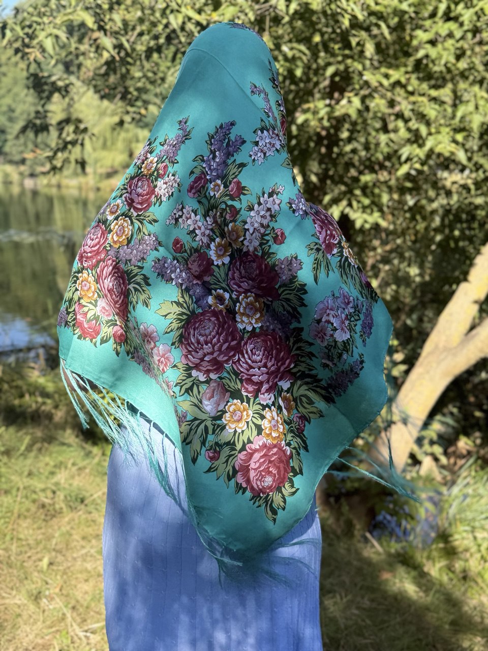 Green Bohemian Shawl with Roses and Field Flowers - Ukrainian Style 80% Wool