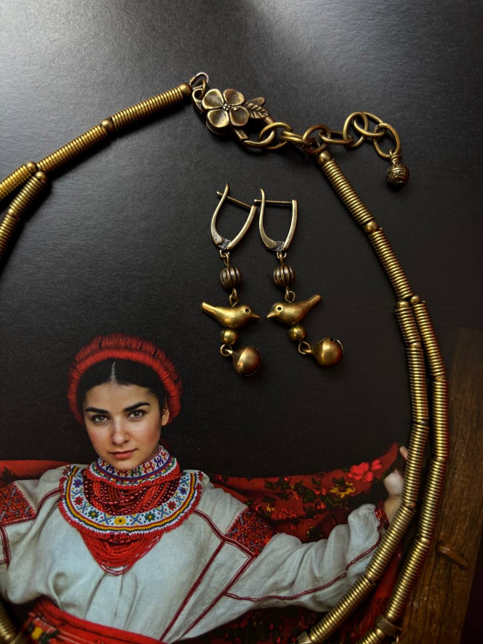 SET Metal Necklace + Earrings Folk Ukrainian Jewellery Traditional Ethnic Jewelry Moon Necklace Brass Pendants Cross Gift for Mom