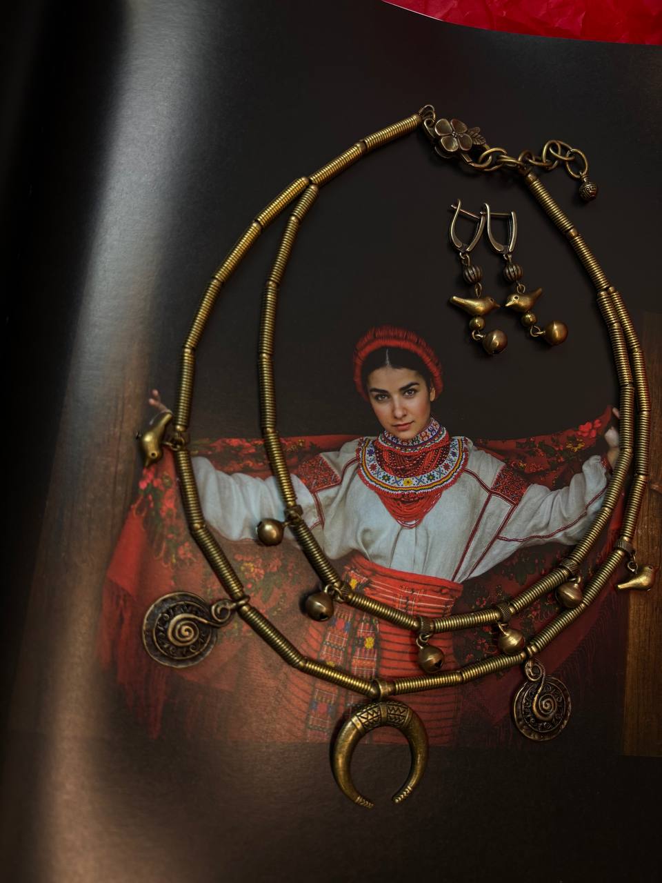 SET Metal Necklace + Earrings Folk Ukrainian Jewellery Traditional Ethnic Jewelry Moon Necklace Brass Pendants Cross Gift for Mom