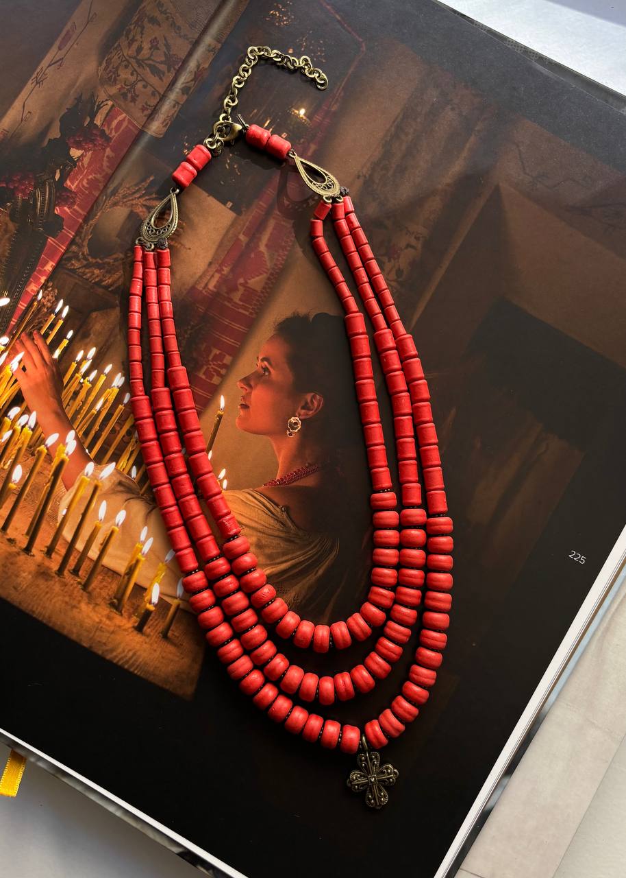 Red Necklace Ukrainian Traditional Jewelry Ethnic ceramics Multirow Necklace Gift for Her