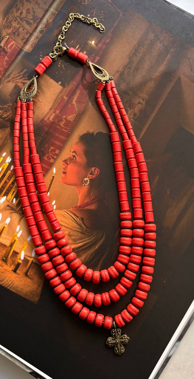 Ukrainian Traditional Cross Necklace - Ethnic Ceramic Jewelry with Antique Beads