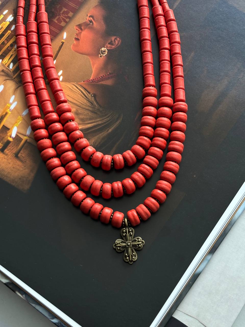 Ukrainian Traditional Cross Necklace - Ethnic Ceramic Jewelry with Antique Beads