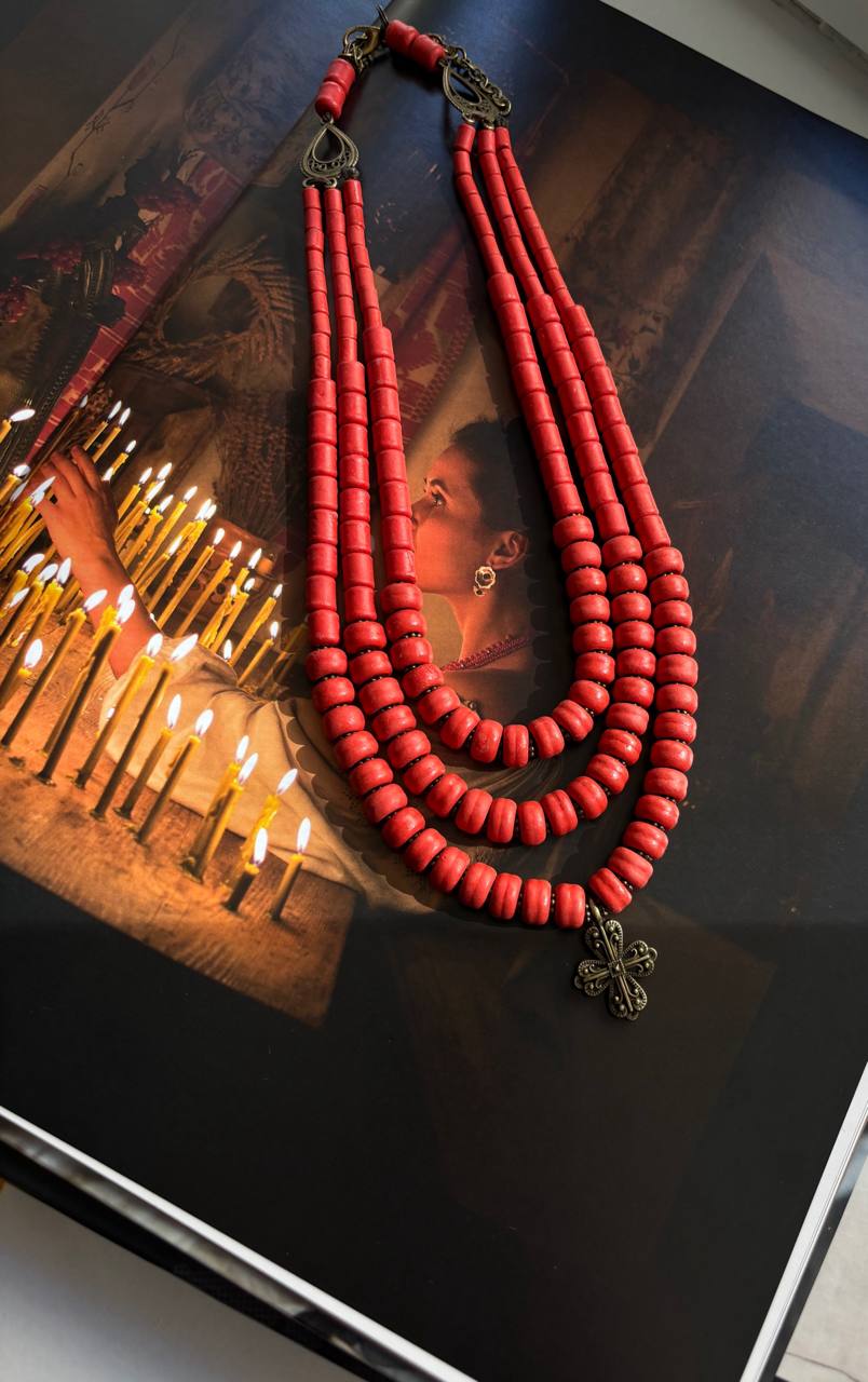 Ukrainian Traditional Cross Necklace - Ethnic Ceramic Jewelry with Antique Beads