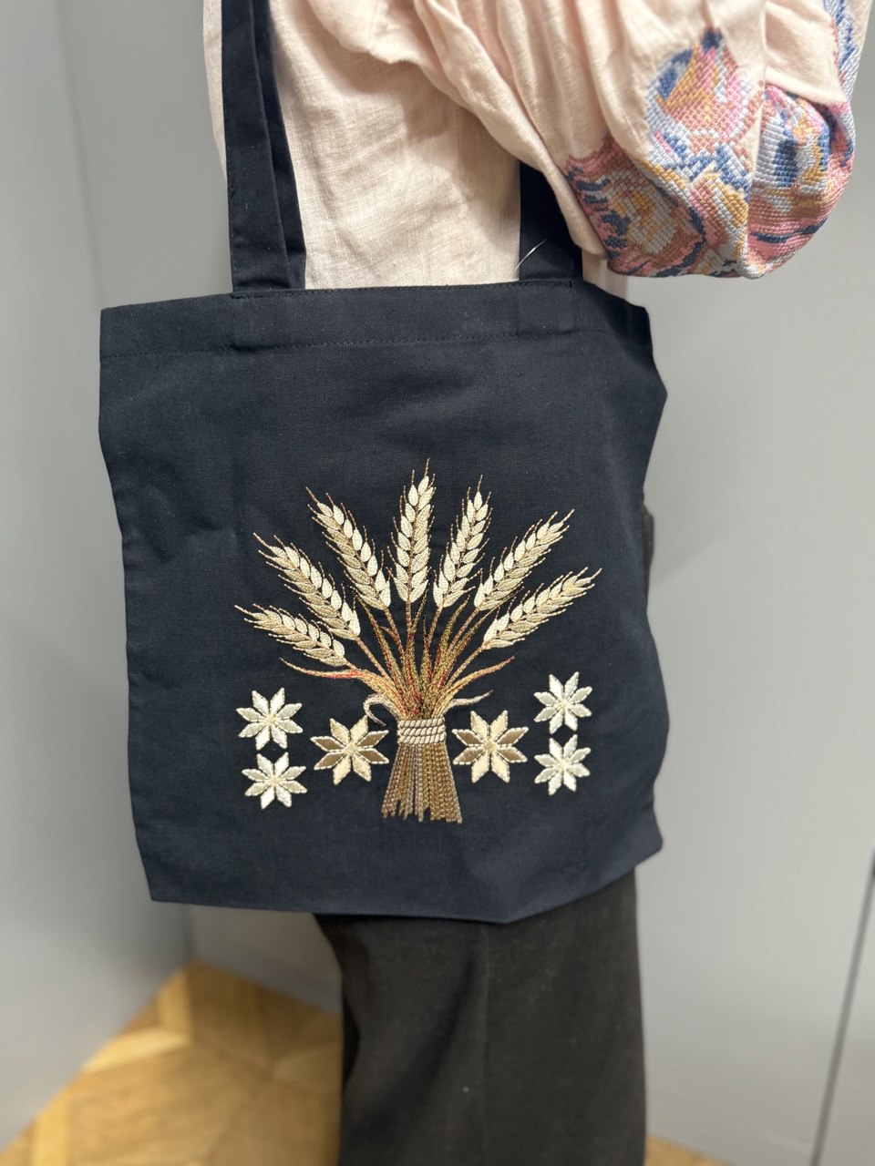 Black Linen Tote Bag Embroidered Floral Organic Bag