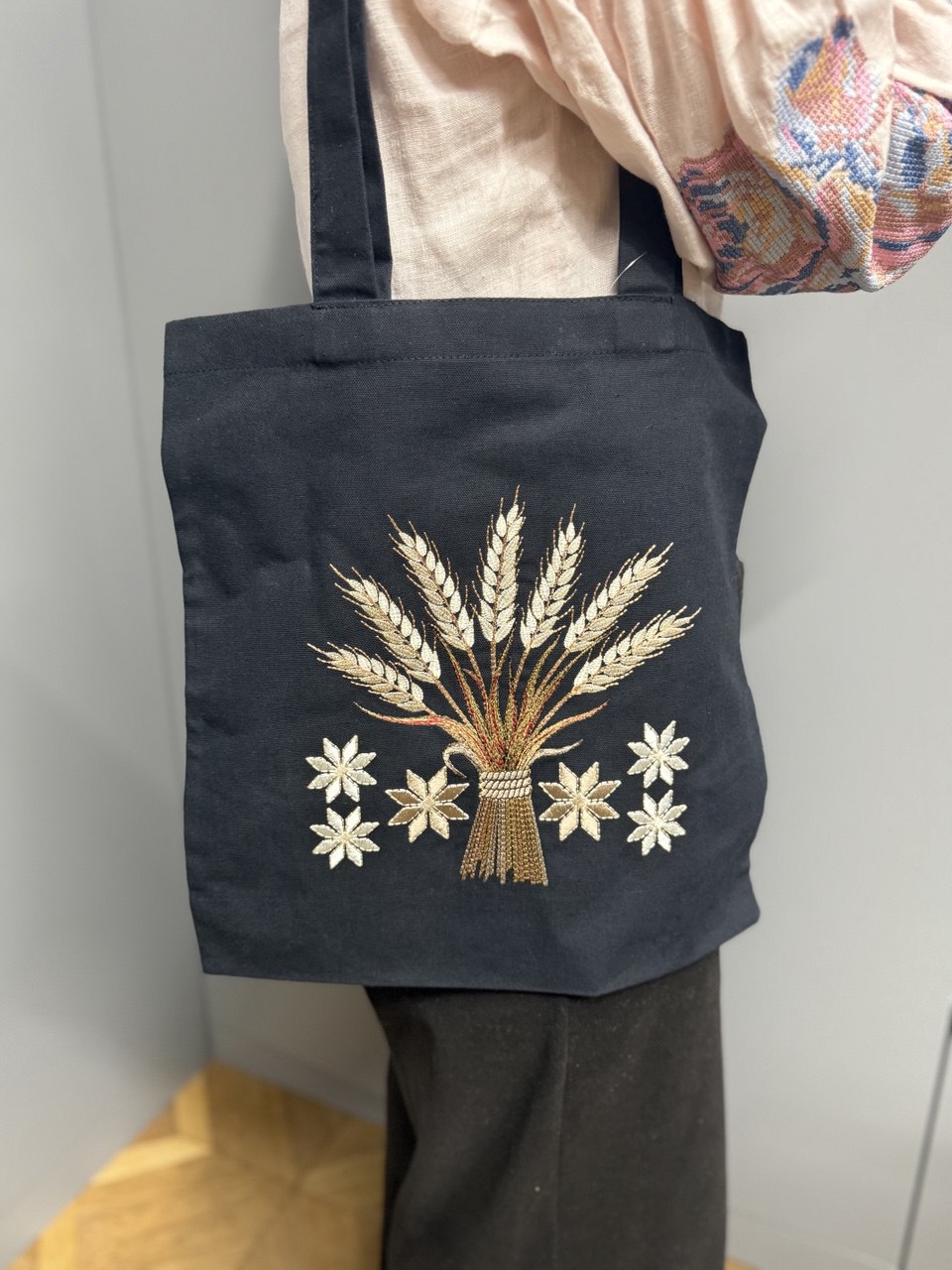 Black Linen Tote Bag Embroidered Floral Organic Bag