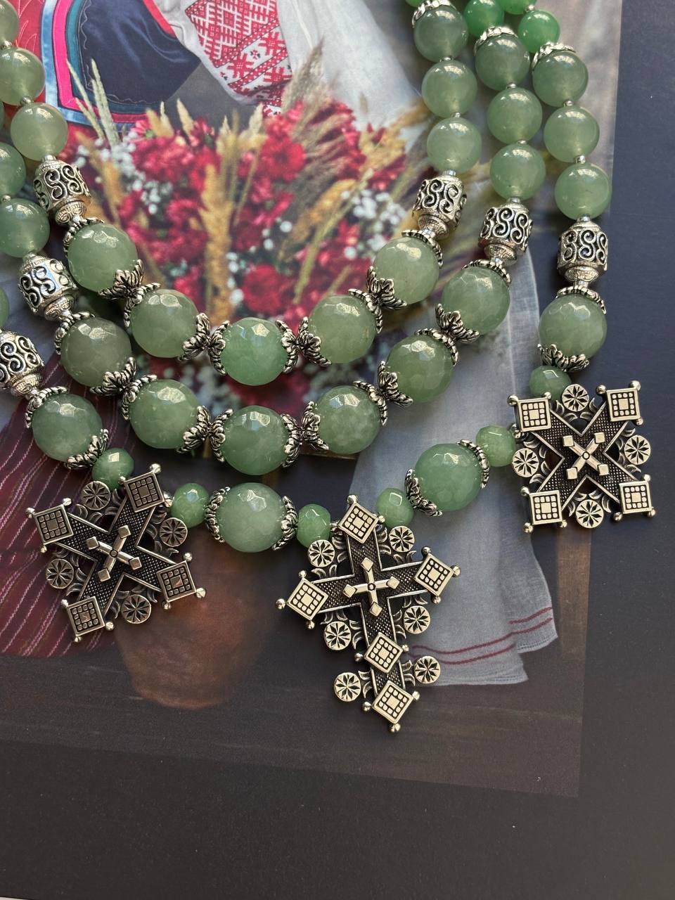 Green Ukrainian Traditional Ethnic Necklace - Unique Jewelry  Birthday