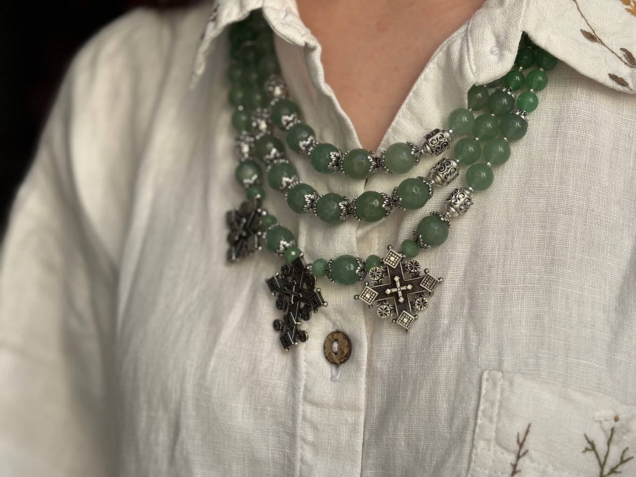 Green Ukrainian Traditional Ethnic Necklace - Unique Jewelry  Birthday