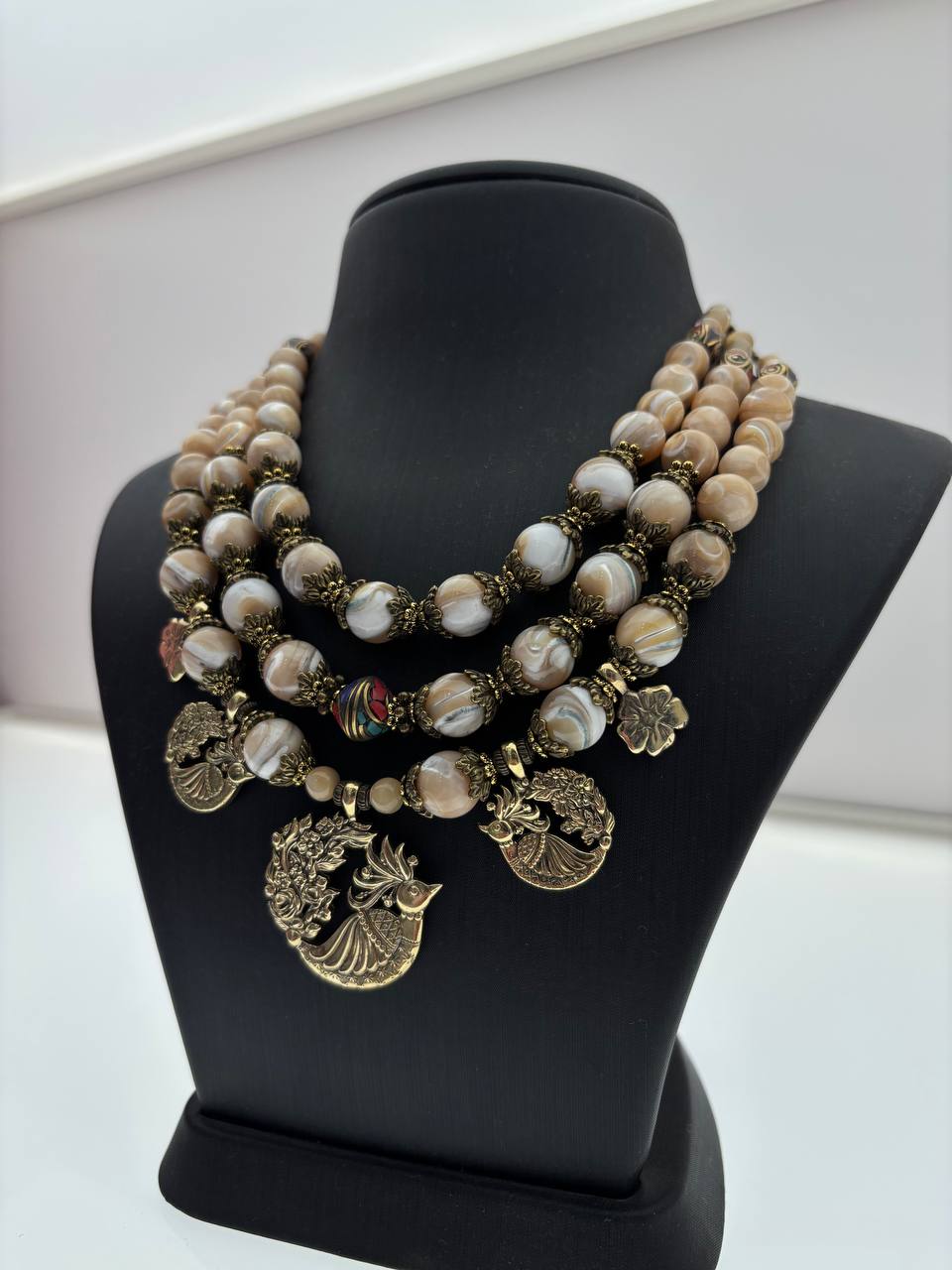 Beige Ukrainian Traditional Fire Bird Pearl Necklace - Ethnic Jewelry