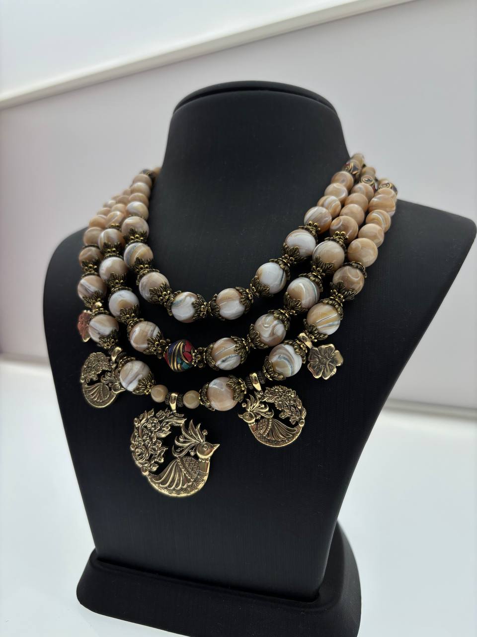 Beige Ukrainian Fire Bird Necklace Traditional Ethnic Jewelry