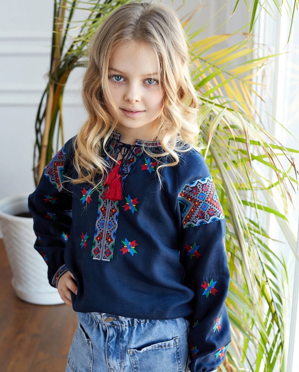 Blue Linen Embroidered Ukrainian Vyshyvanka Blouse for Girls
