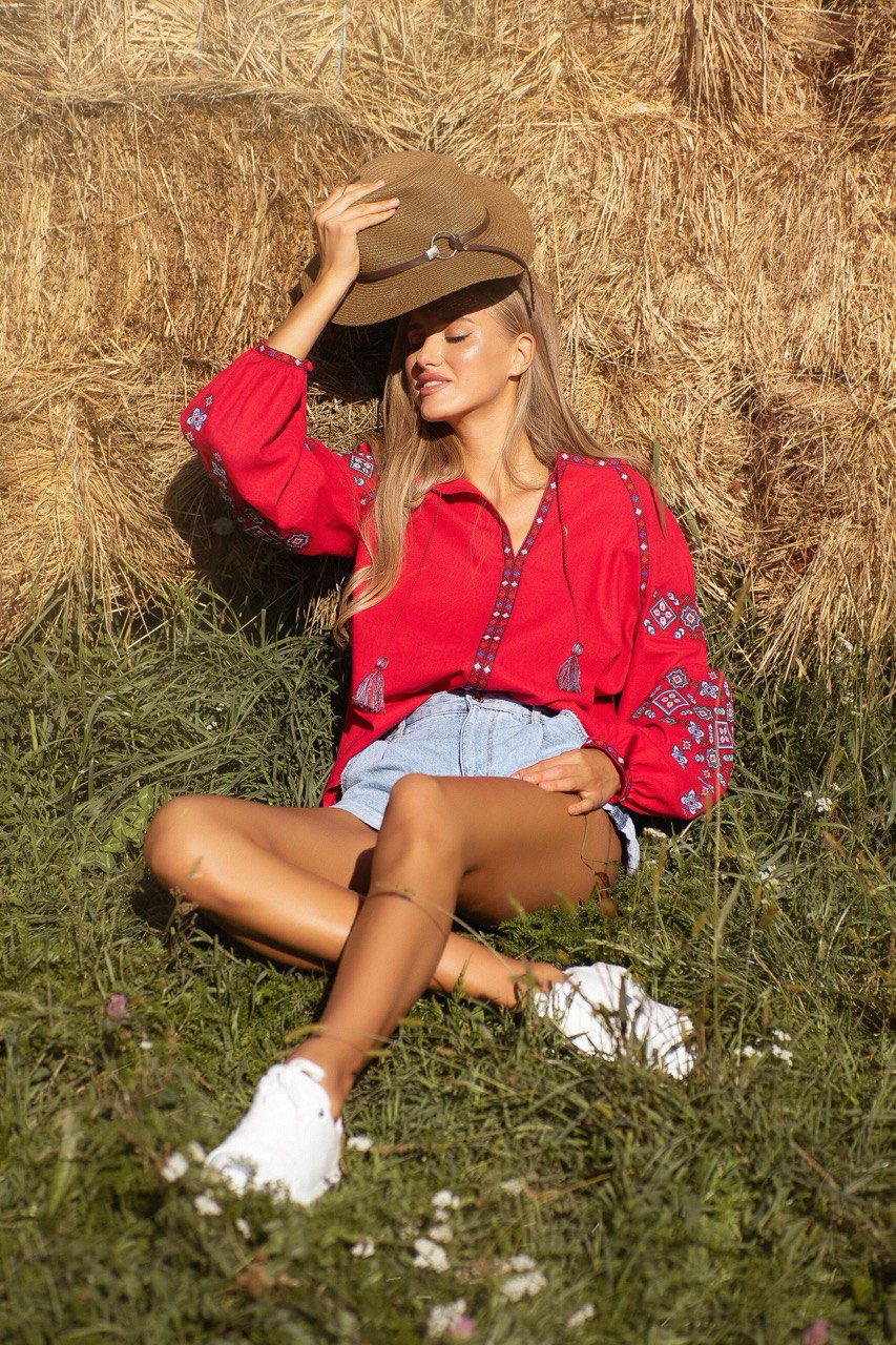 Red Embroidered Blouse Linen Ukrainian Vyshyvanka  Women's Top shirt