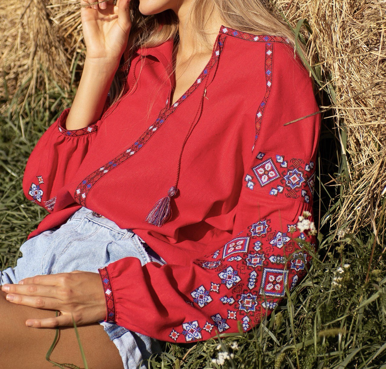 Red Embroidered Blouse Linen Ukrainian Vyshyvanka  Women's Top shirt