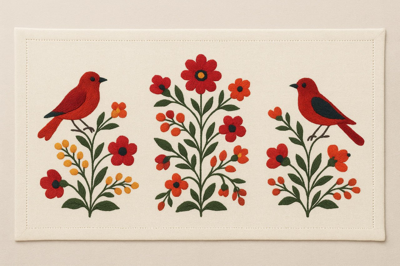 Embroidered Linen Table Runner Tree of Life Birds Design