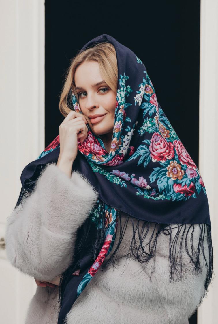 Blue Ukrainian wool shawl Traditional Daughter bohemian scarf flower clothings