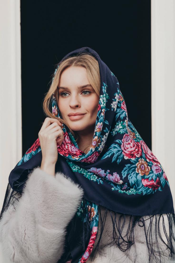 Blue Ukrainian wool shawl Traditional Daughter bohemian scarf flower clothings