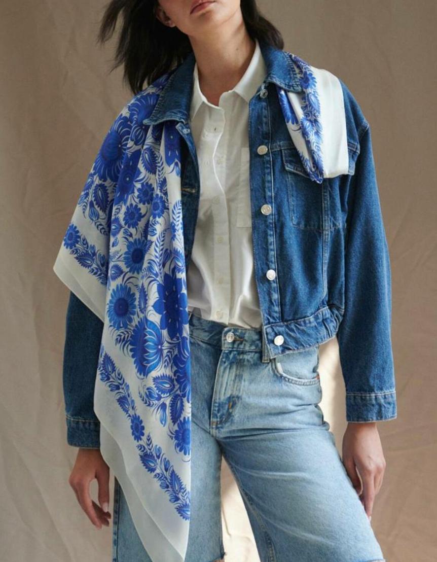 Bohemian Silk Shawl The Sky is Blue" - Dreams Collection, Hand-Painted 100% Silk 65 cm