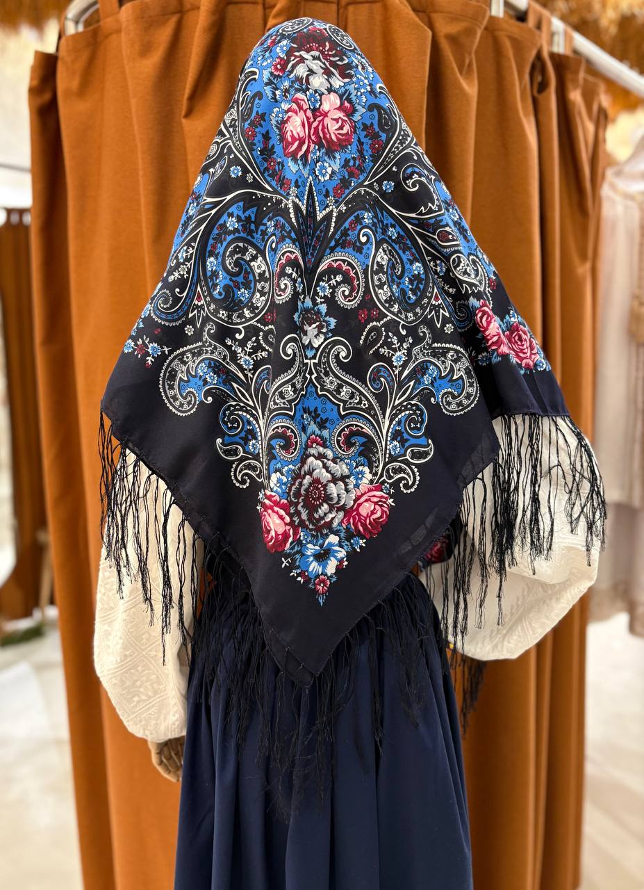 Ukrainian Wool Shawl 80% - Ethnic Floral Scarf, Traditional Hijab