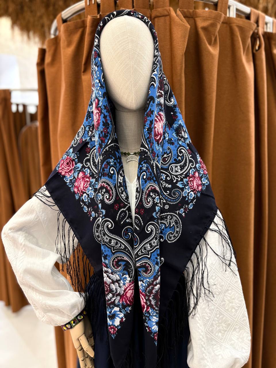 Ukrainian Wool Shawl 80% - Ethnic Floral Scarf, Traditional Hijab