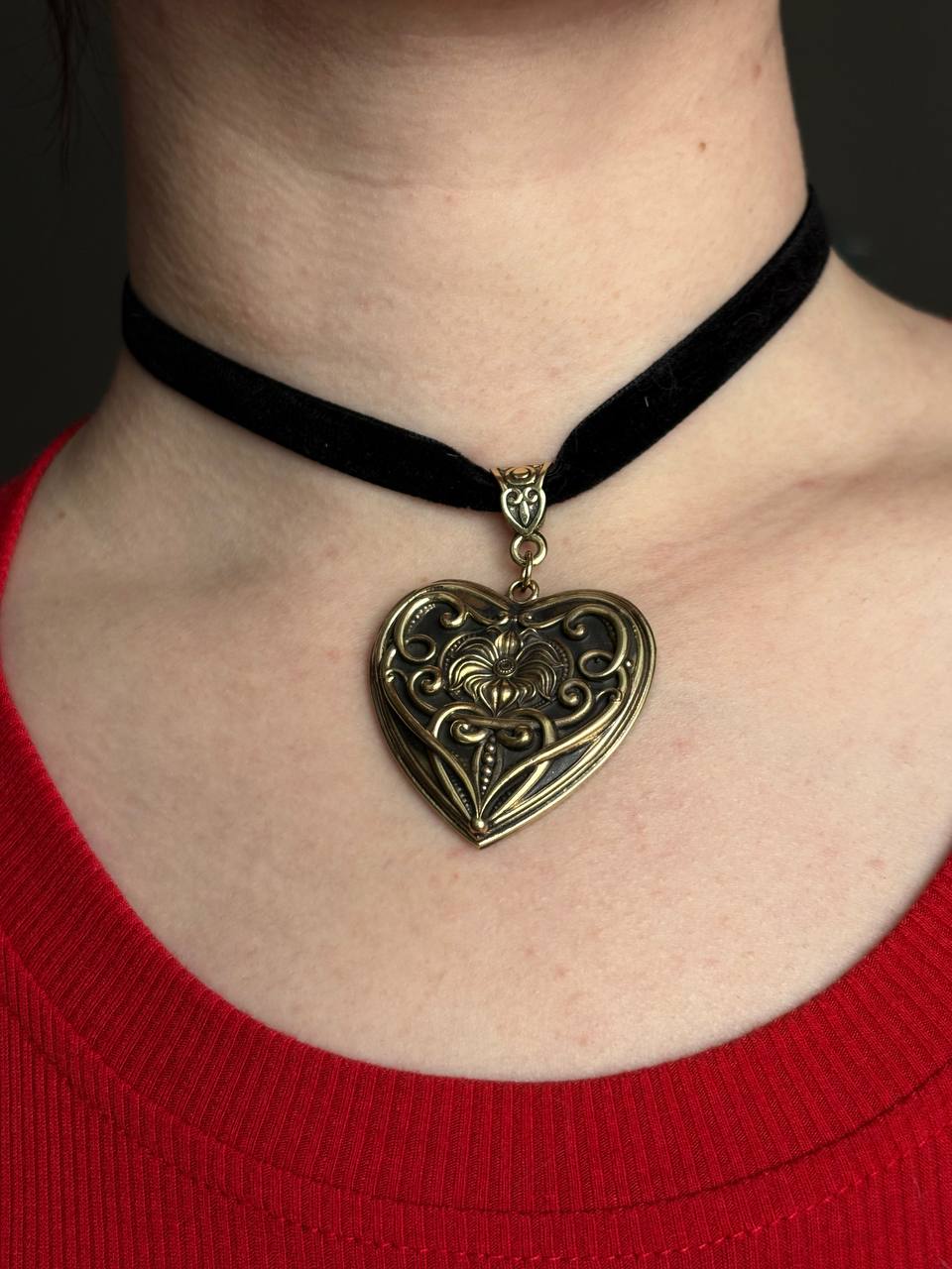 Handmade Brass Heart Choker Necklace, Vintage Style Heart Pendant, Gothic Boho Jewelry, Romantic Black Ribbon Choker, Gift for Her