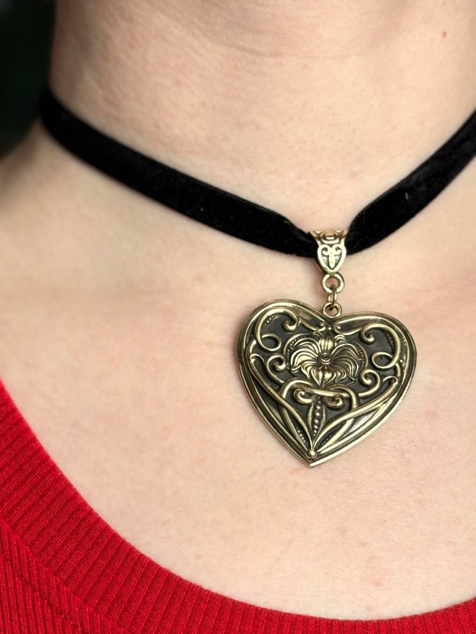Handmade Brass Heart Choker Necklace, Vintage Style Heart Pendant, Gothic Boho Jewelry, Romantic Black Ribbon Choker, Gift for Her