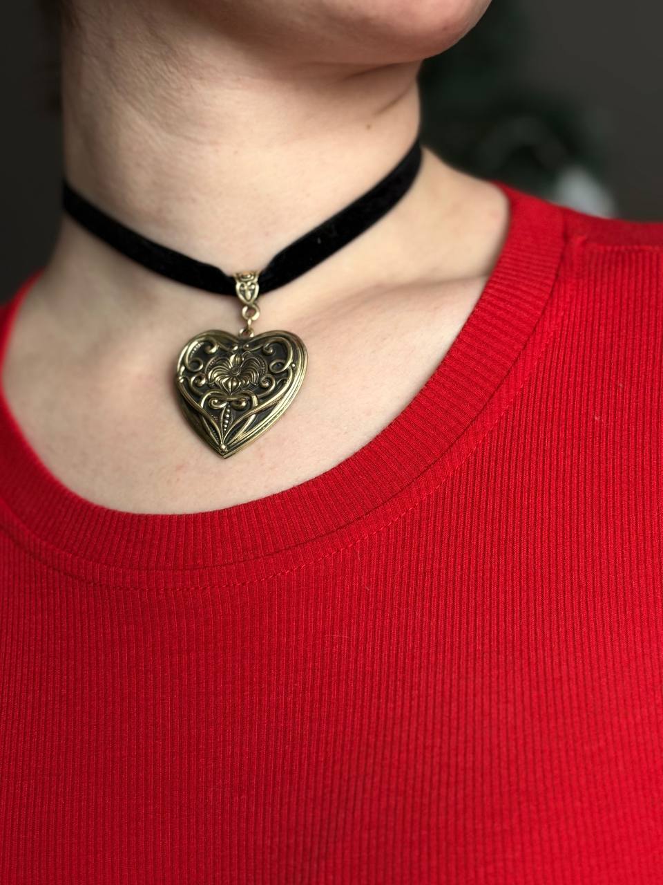 Handmade Brass Heart Choker Necklace, Vintage Style Heart Pendant, Gothic Boho Jewelry, Romantic Black Ribbon Choker, Gift for Her