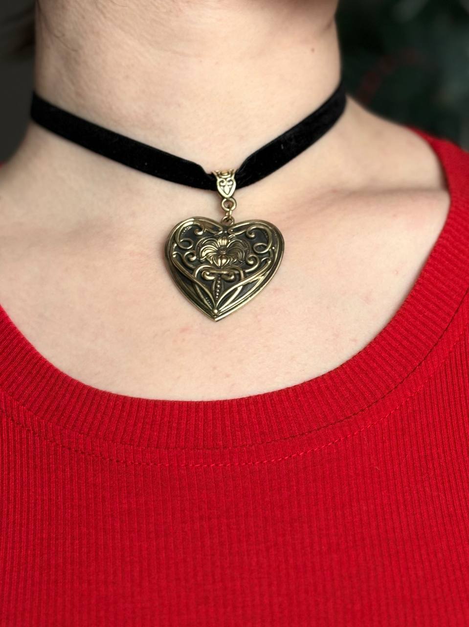 Handmade Brass Heart Choker Necklace, Vintage Style Heart Pendant, Gothic Boho Jewelry, Romantic Black Ribbon Choker, Gift for Her