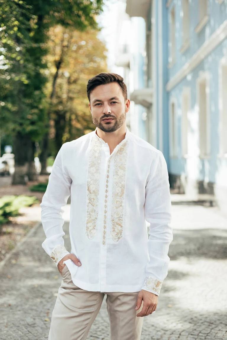 White Linen Shirt Embroidered Ukrainian for men shirt with gold embroidery
