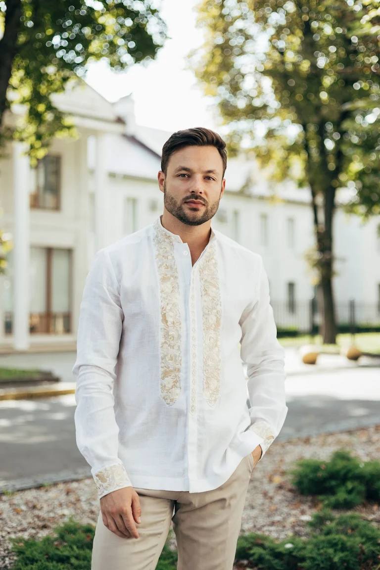 White Linen Shirt Embroidered Ukrainian for men shirt with gold embroidery