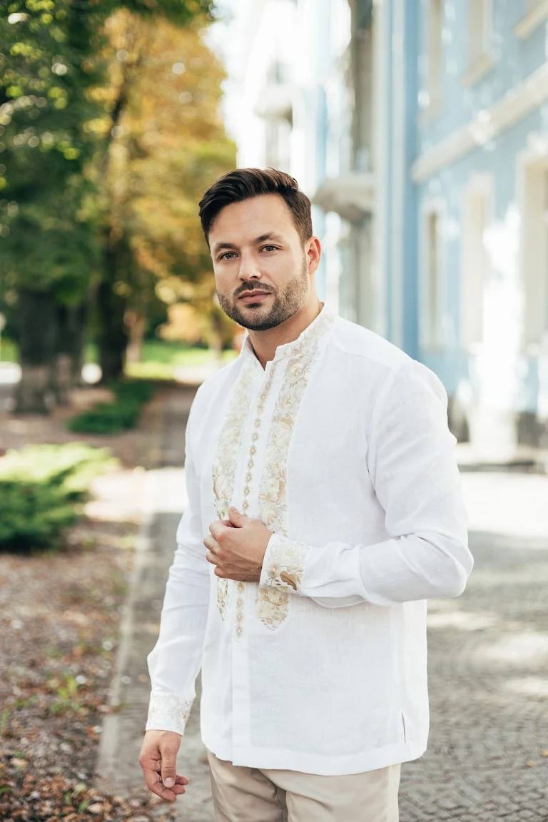 White Linen Shirt Embroidered Ukrainian for men shirt with gold embroidery