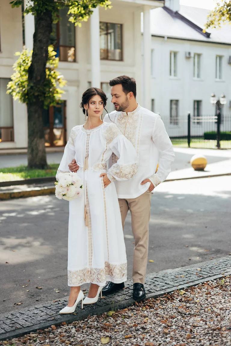 White Wedding Linen Dress with Exquisite with gold embroidery Ukrainian Vyshyvanka Traditional