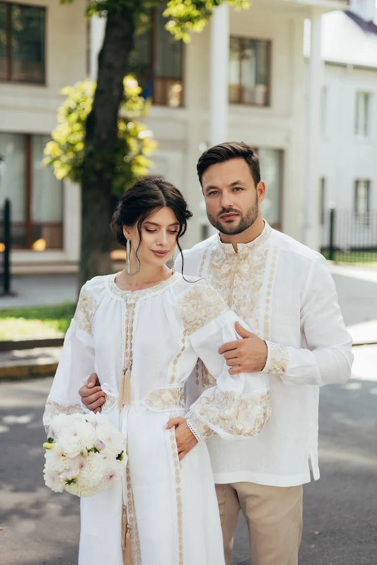 White Wedding Linen Dress with Exquisite with gold embroidery Ukrainian Vyshyvanka Traditional