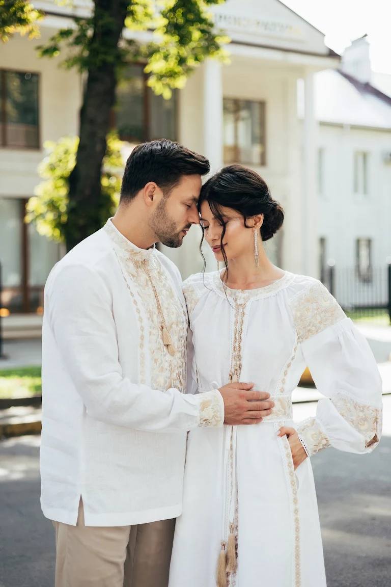 White Wedding Linen Dress with Exquisite with gold embroidery Ukrainian Vyshyvanka Traditional