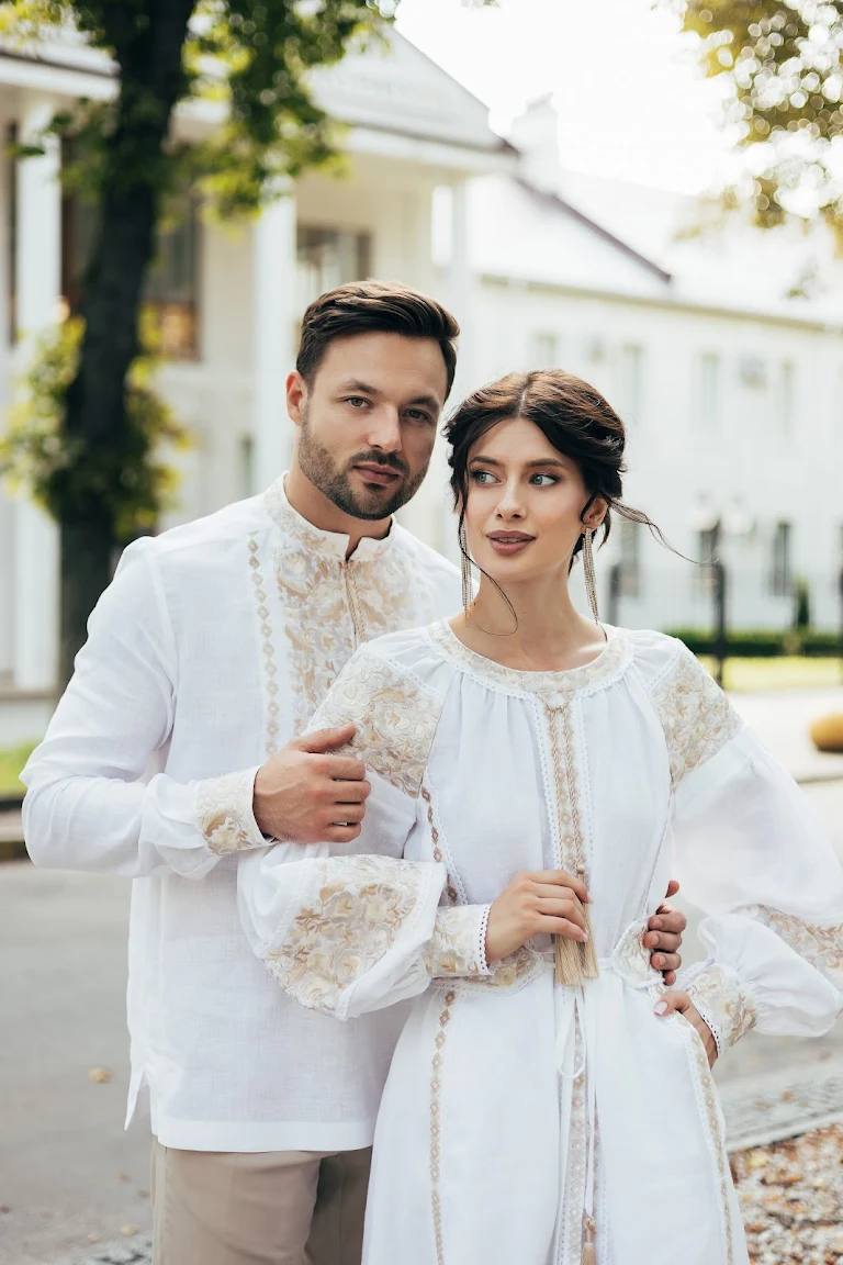 White Wedding Linen Dress with Exquisite with gold embroidery Ukrainian Vyshyvanka Traditional